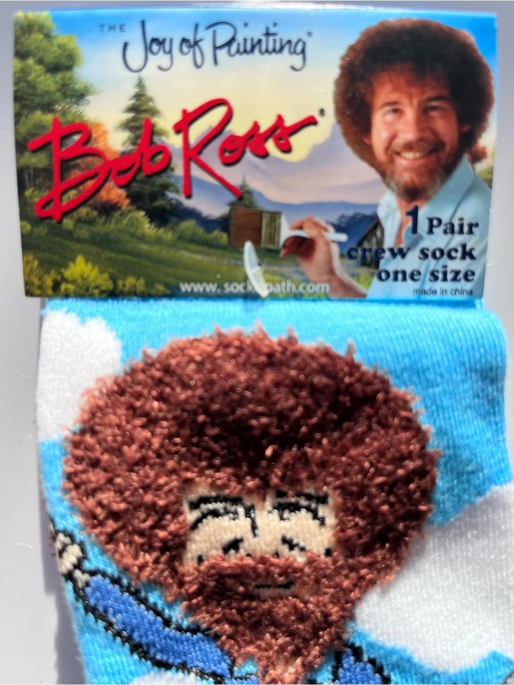 Bob Ross The Joy of Painting Blue and White Happy Clouds Crew Socks